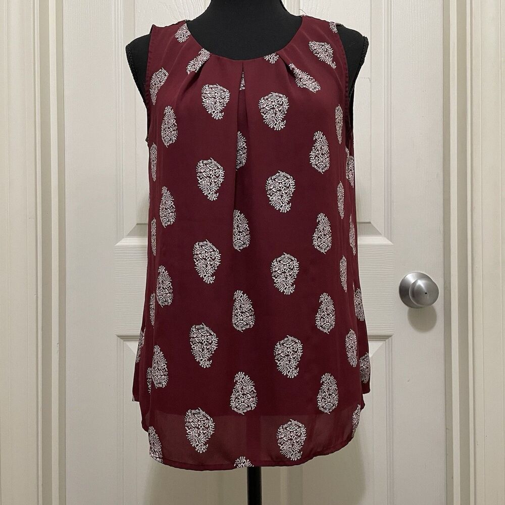 LOFT Pleated Sleeveless Tank Top Blouse Burgundy White Paisley Womens X-Small XS